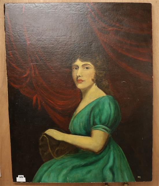 English School, oil on canvas, portrait of a lady wearing a green dress 96 x 75cm, unframed